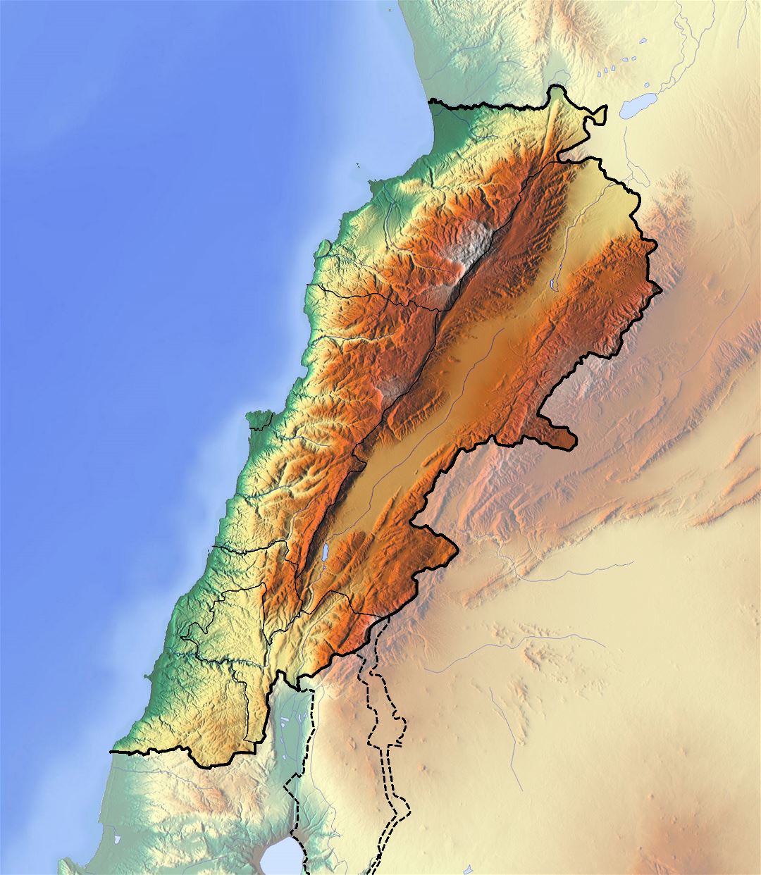 Большая карта рельефа Ливана