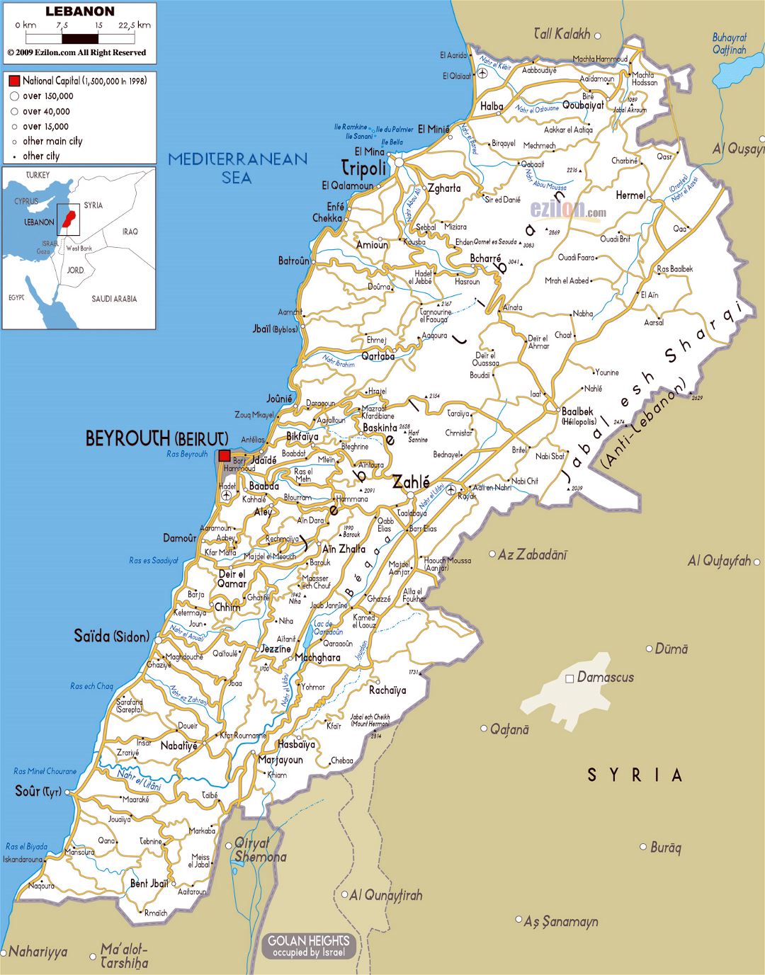 Большая карта дорог Ливана с городами и аэропортами