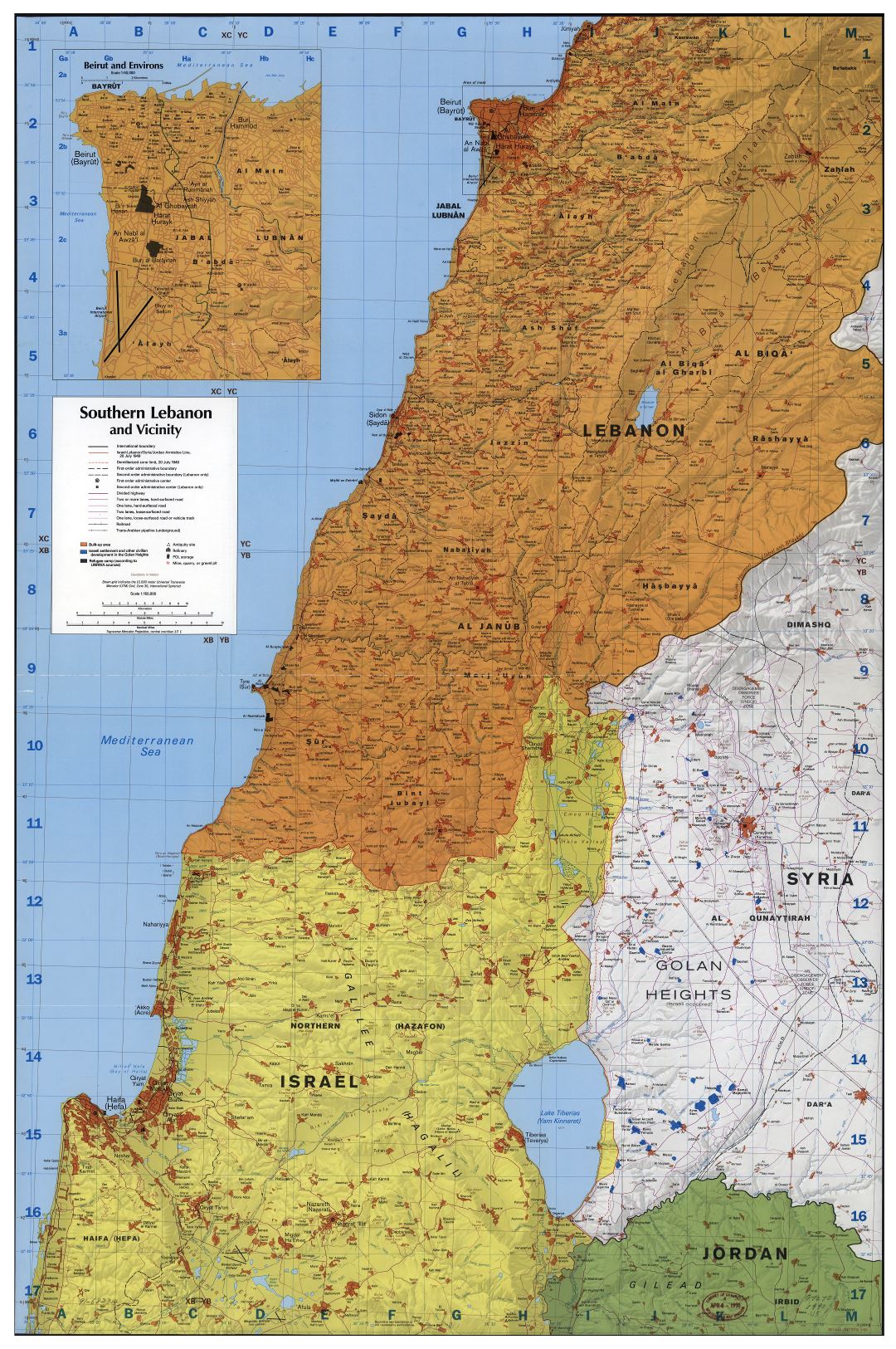 Крупномасштабная детальная карта Южного Ливана и окрестностей с рельефом и другими пометками - 1990