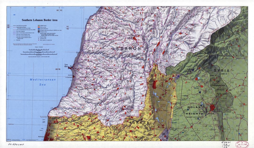 Крупномасштабная карта южной границы Ливана с рельефом и другими пометками - 1986