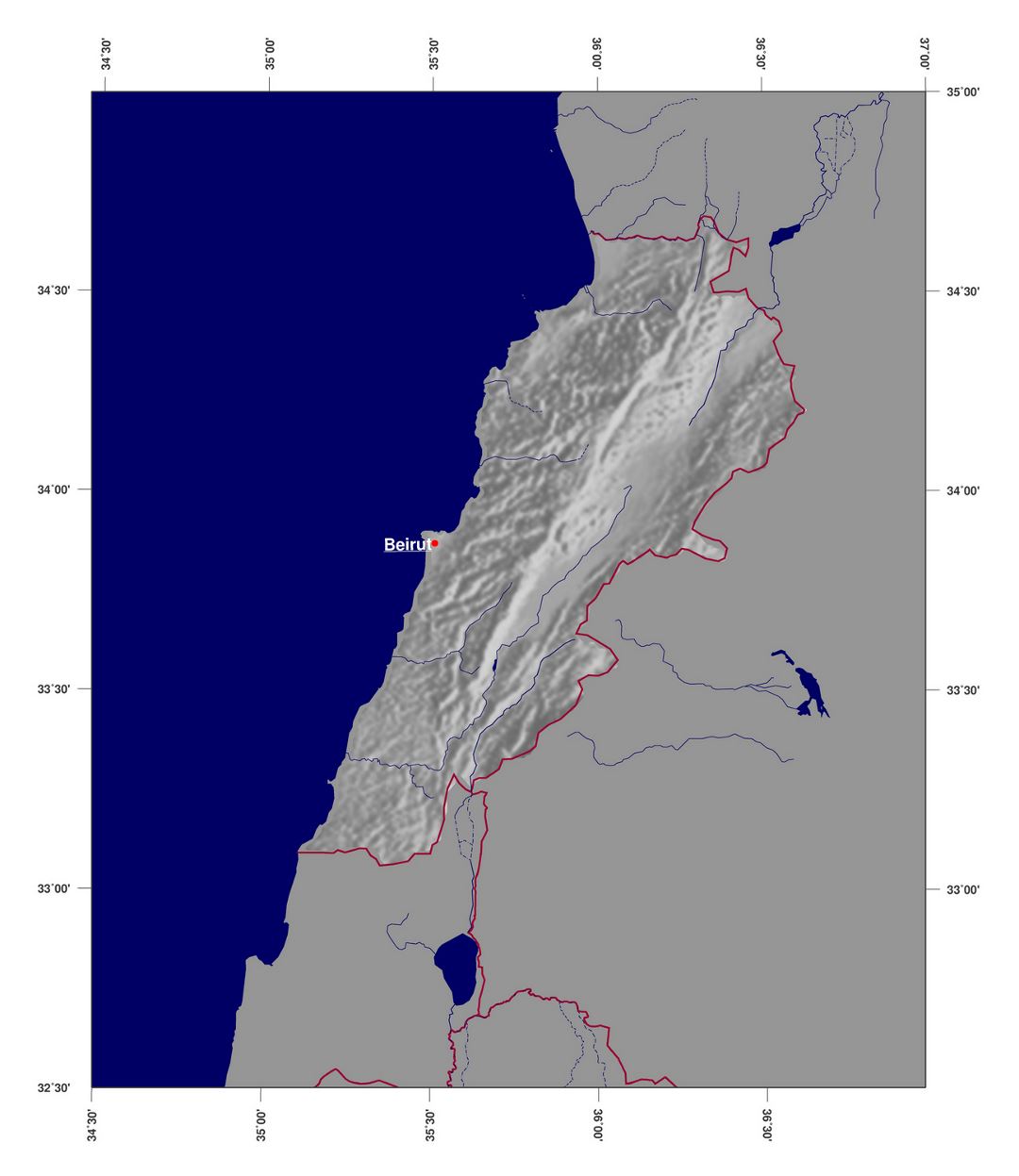 Большая затененная карта рельефа Ливана