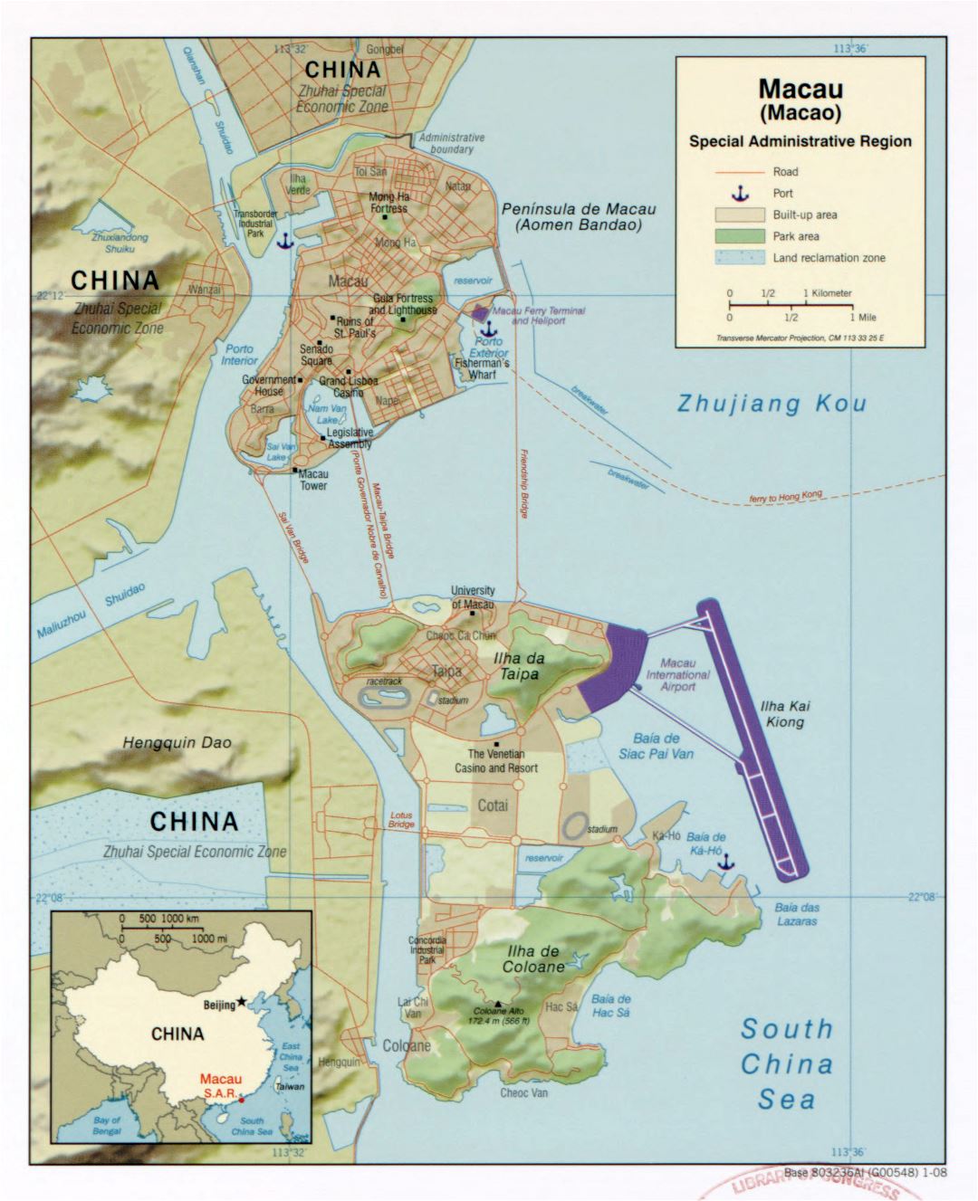 Большая детальная политическая карта Макао с рельефом, дорогами, портами и другими пометками - 2008