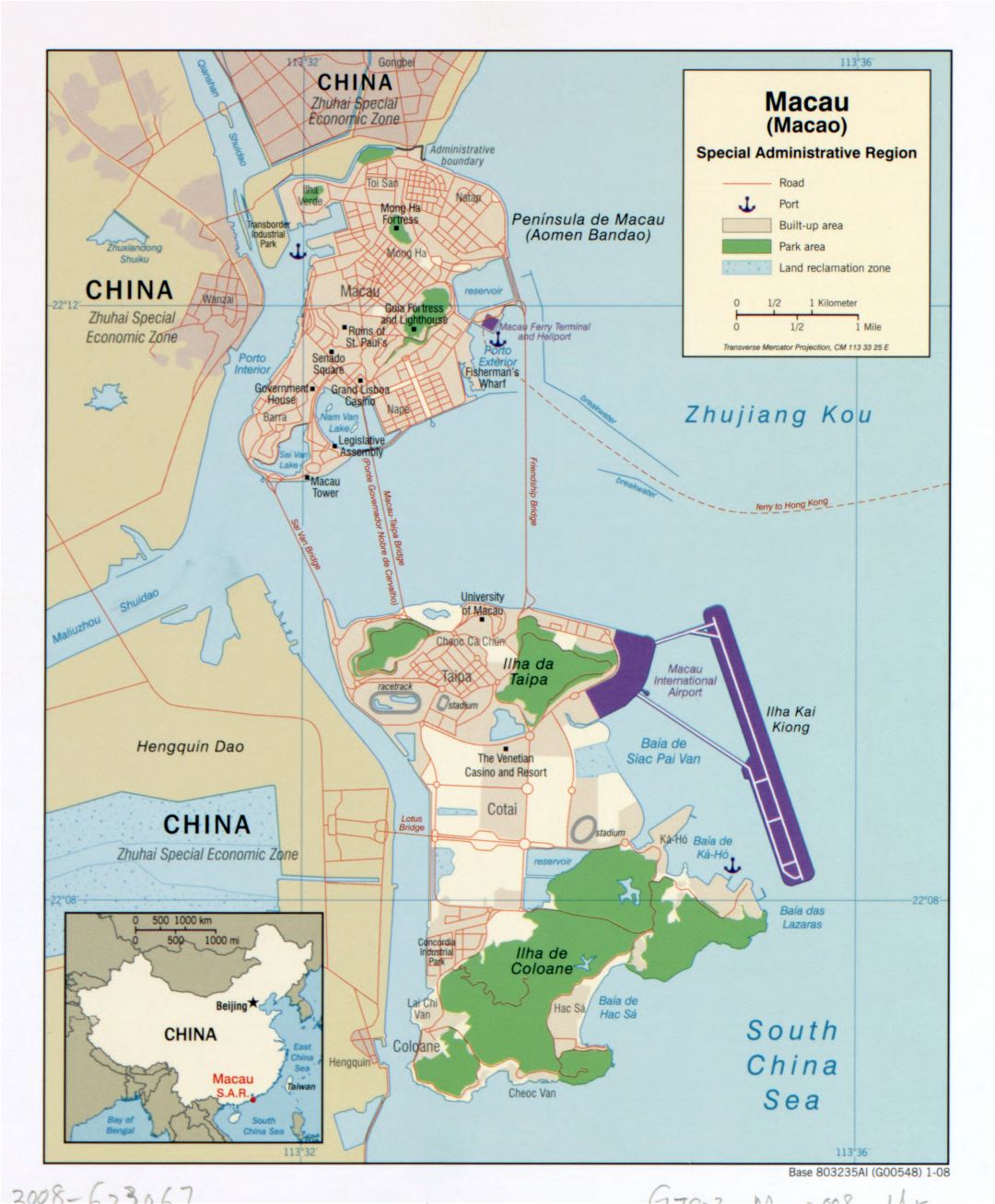 Большая детальная политическая карта Макао с дорогами, портами и другими пометками - 2008