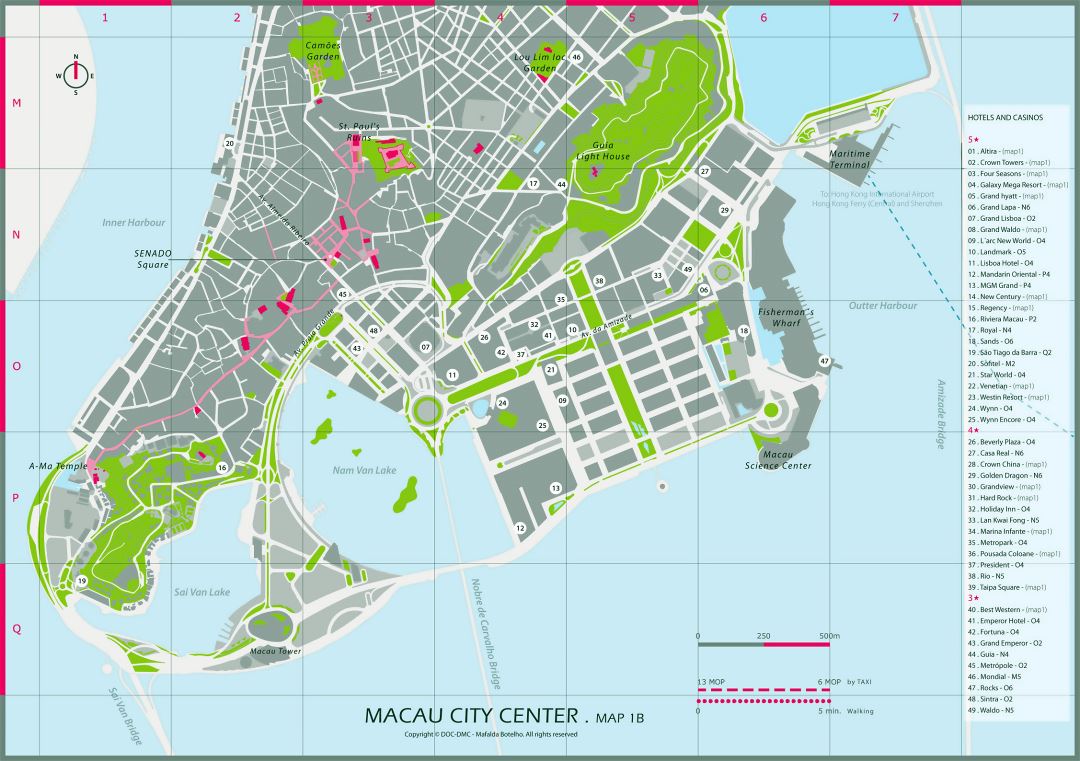 Большая карта отелей и казино центральной части Макао
