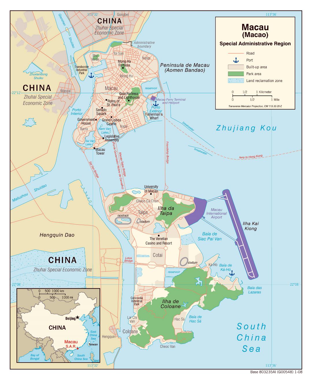 Большая политическая карта Макао с дорогами, портами и другими пометками - 2008