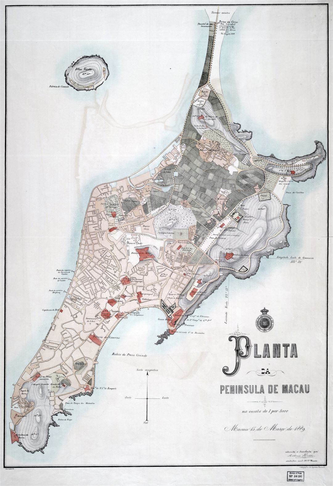 Крупномасштабная детальная старая карта Макао - 1889