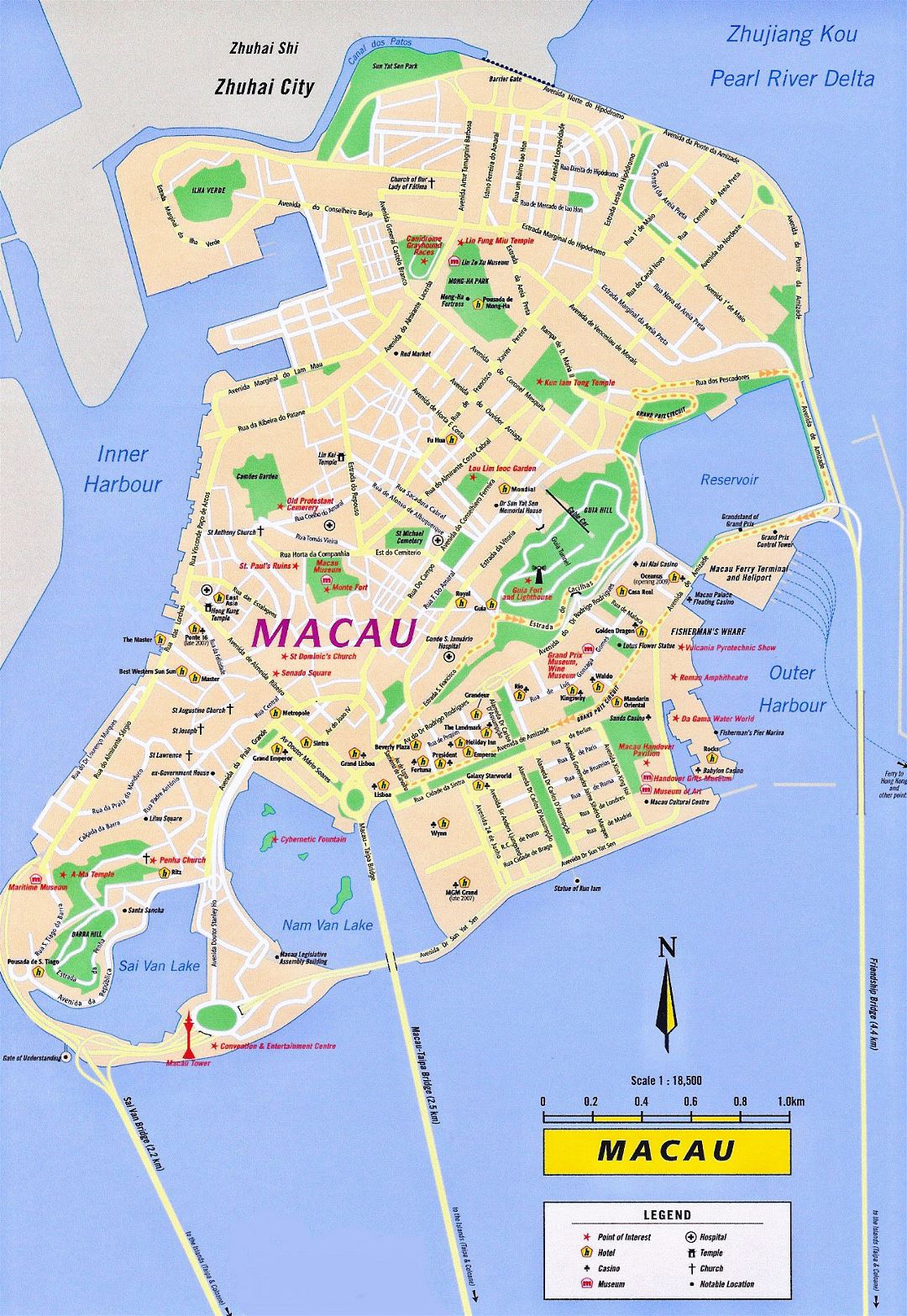 Большая туристическая карта Макао с дорогами