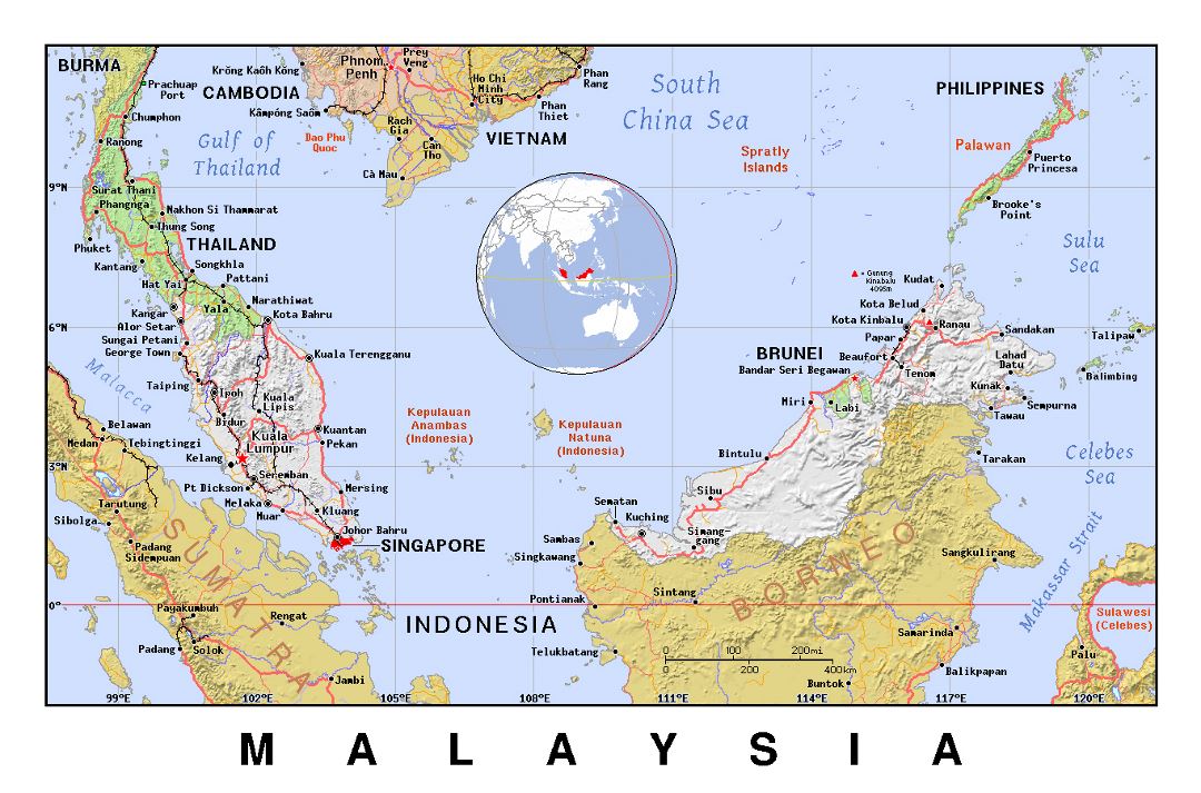 Детальная политическая карта Малайзии с рельефом