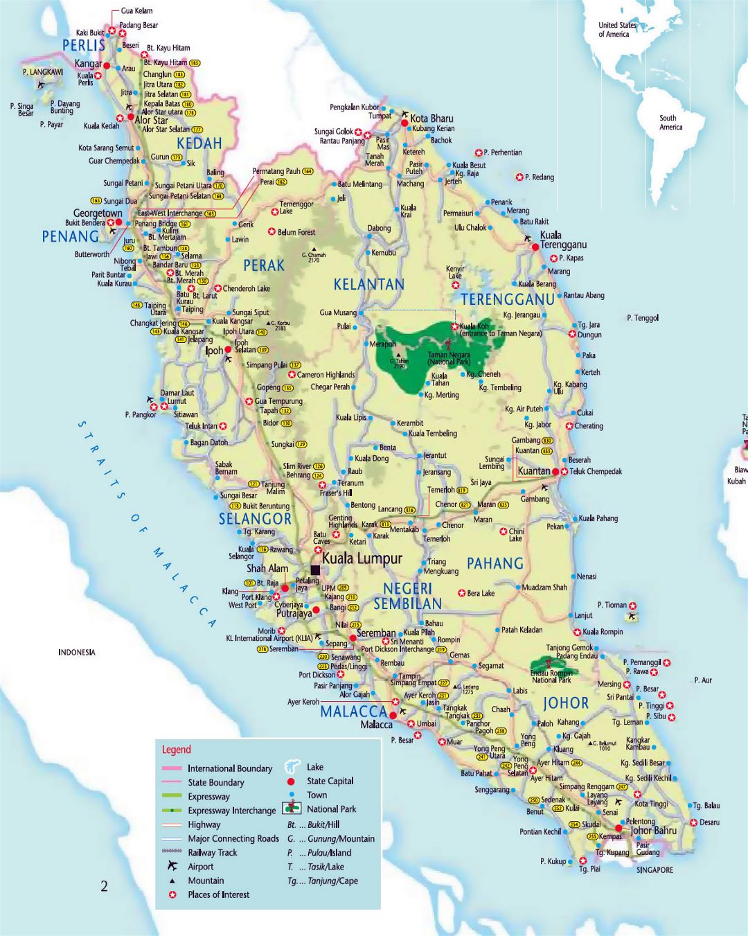 Детальная туристическая карта Западной Малайзии с дорогами, городами и аэропортами