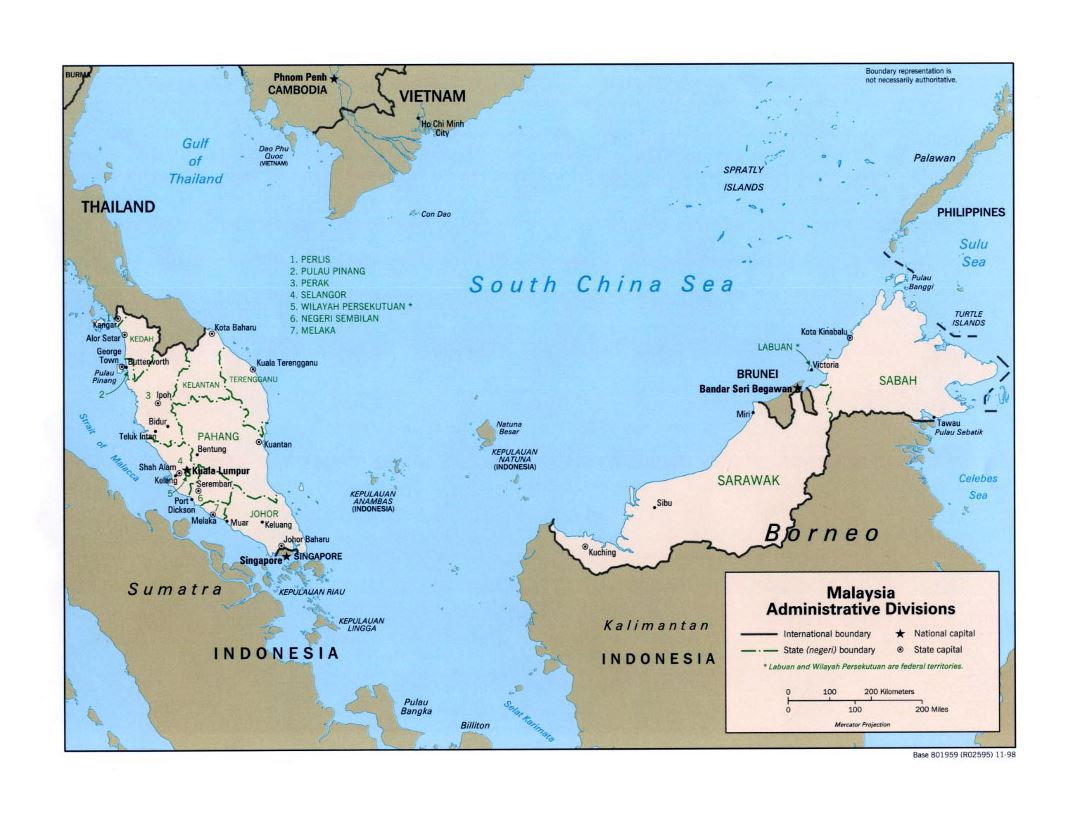 Большая карта административных делений Малайзии - 1998