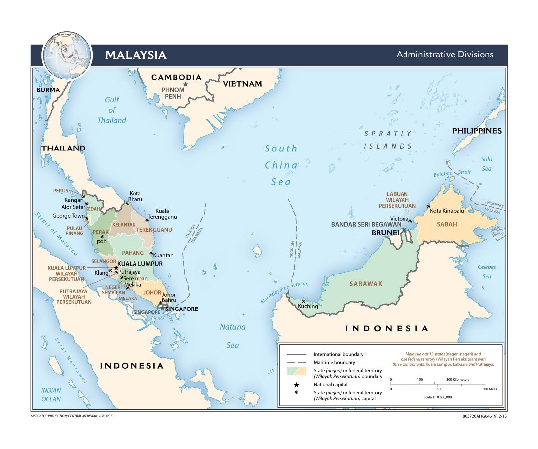 Большая детальная карта административных делений Малайзии - 2015