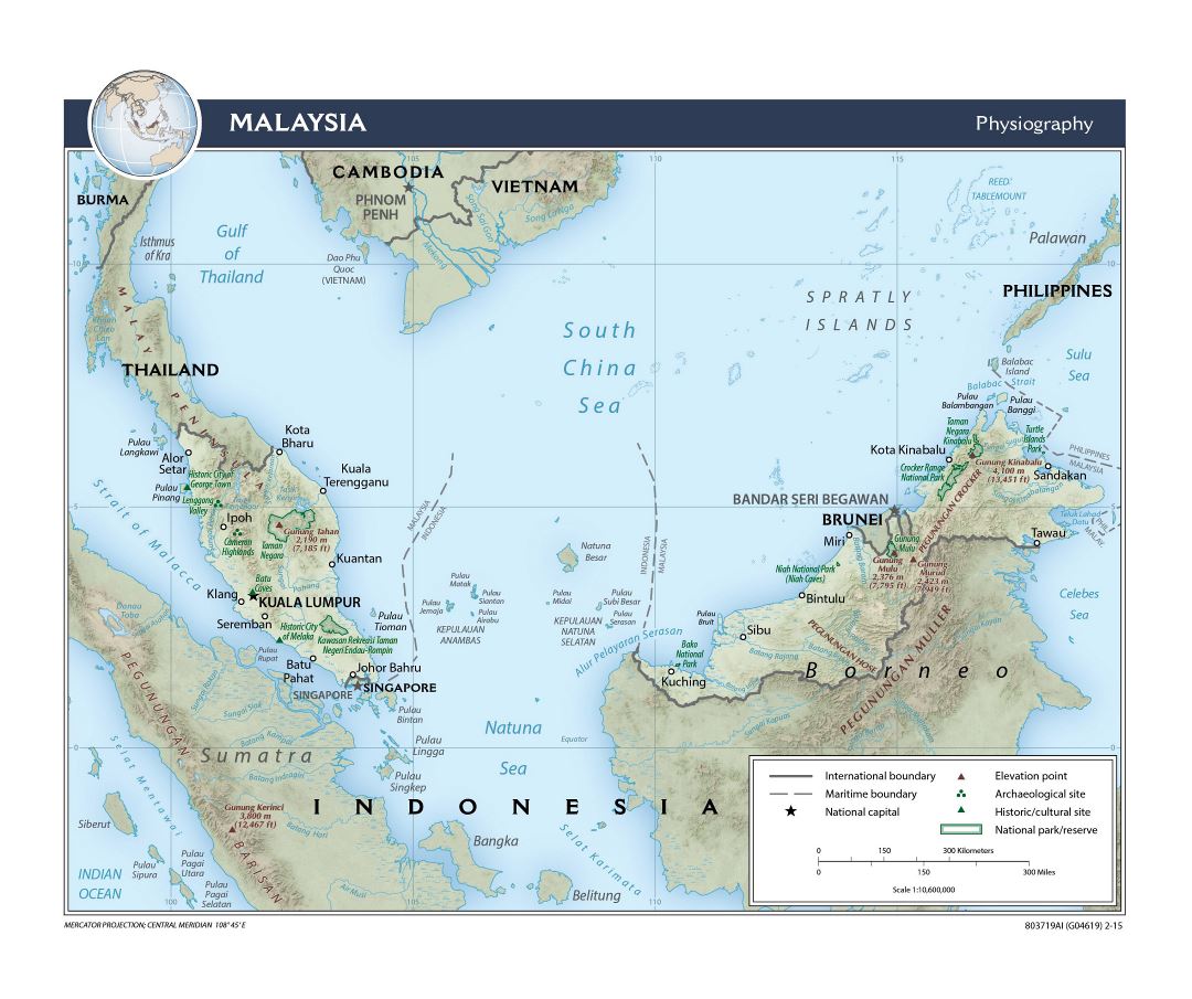 Большая детальная физиографическая карта Малайзии - 2015