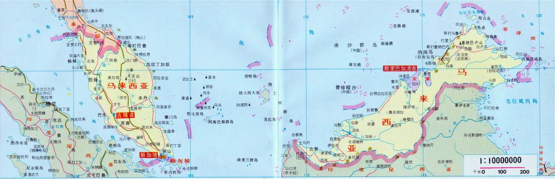 Большая карта Малайзии на китайском языке