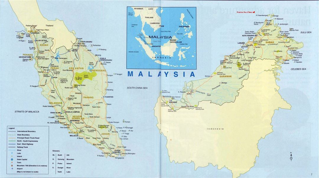 Большая карта Малайзии с дорогами, железными дорогами, городами, аэропортами и другими пометками