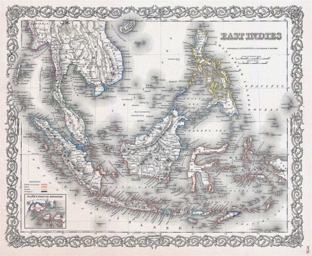 Большая старая карта Восточной Индии (Сингапур, Таиланд, Борнео и Малайзия) - 1855