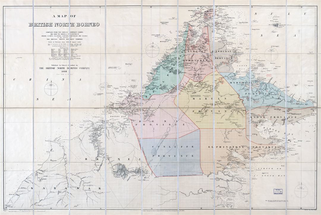 Крупномасштабная детальная старая карта Британского Северного Борнео - 1888