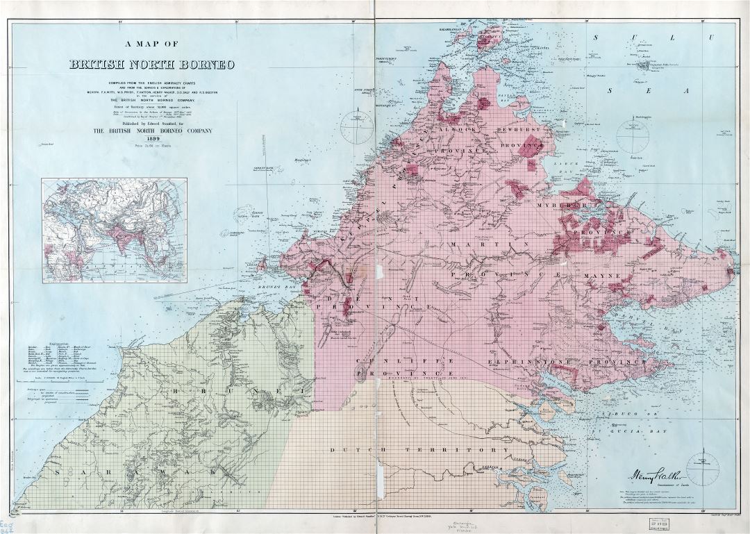 Крупномасштабная детальная старая карта Британского Северного Борнео - 1899