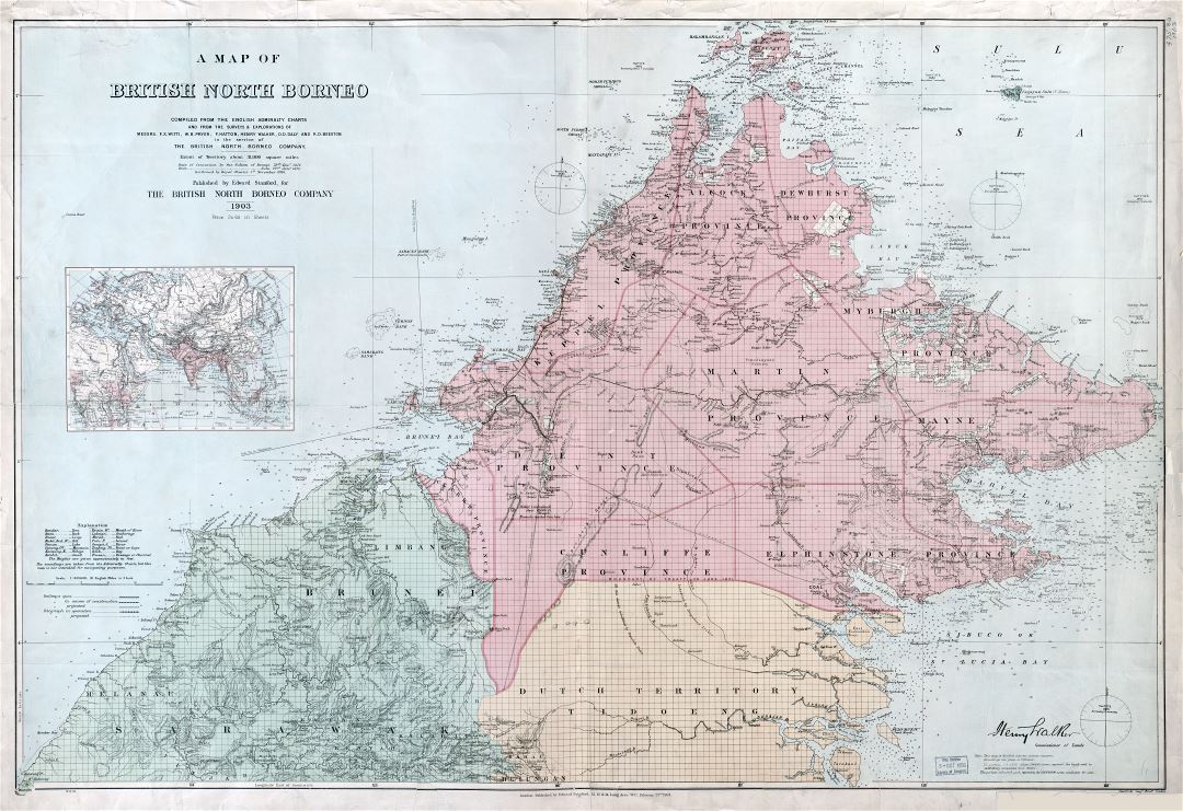 Крупномасштабная детальная старая карта Британского Северного Борнео - 1903