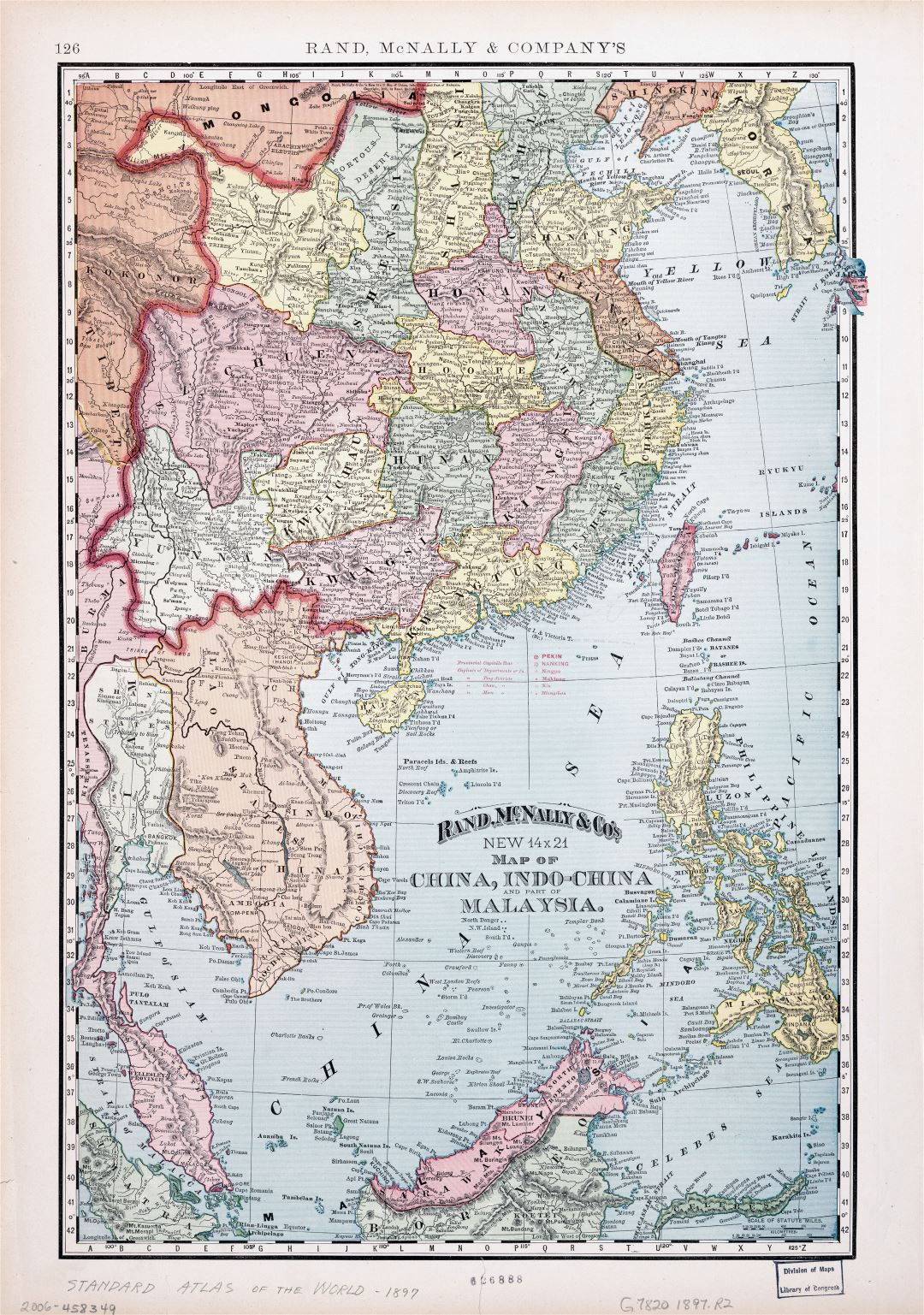 Крупномасштабная старая политическая карта Китая, Индокитая и части Малайзии - 1897