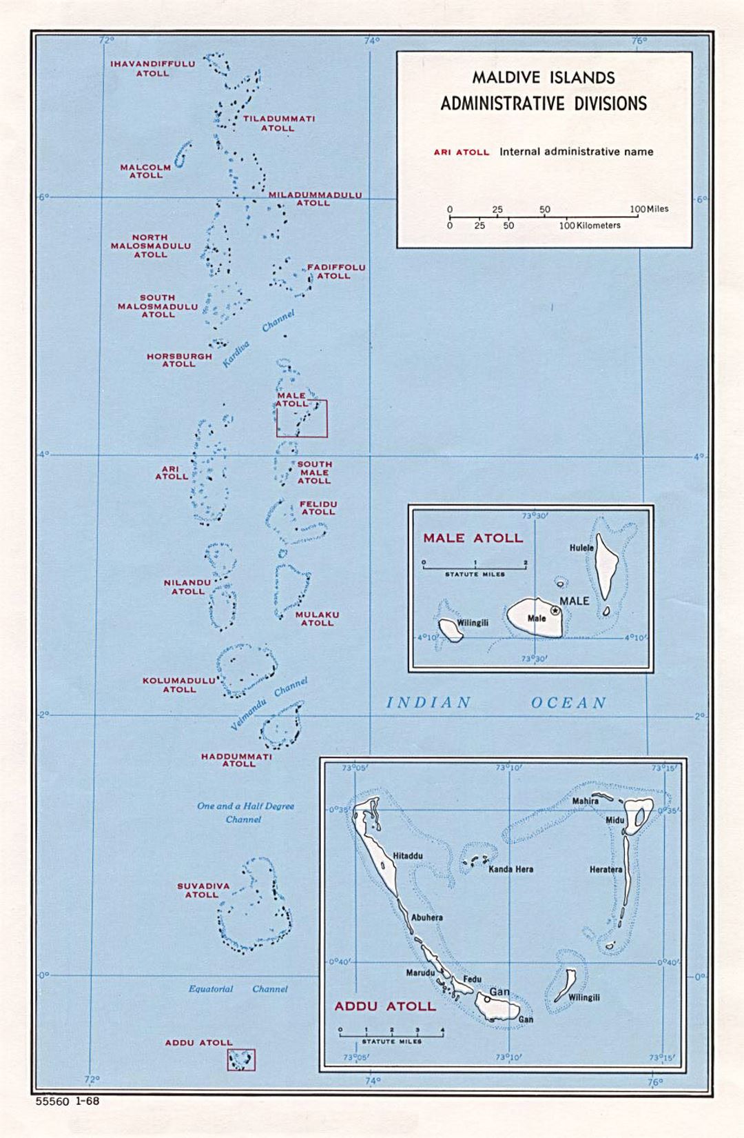 Детальная карта административных делений Мальдив - 1968