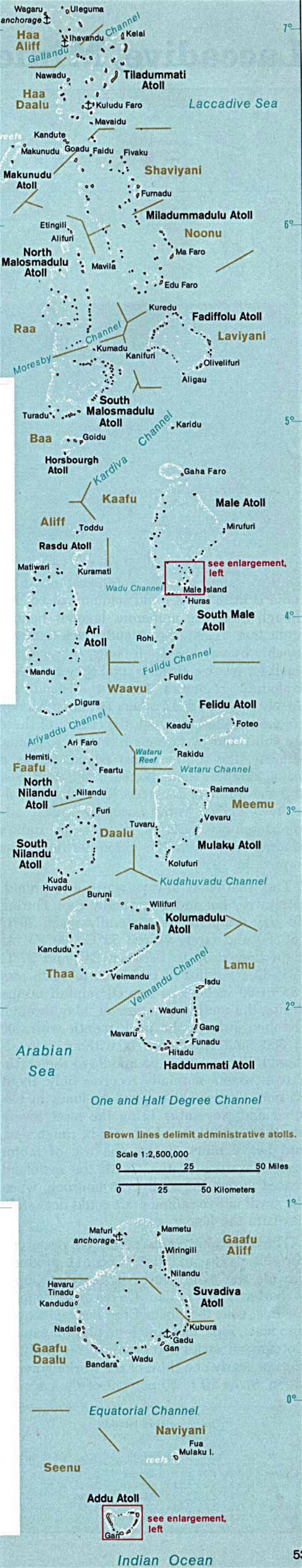 Детальная карта Мальдивских островов - 1976