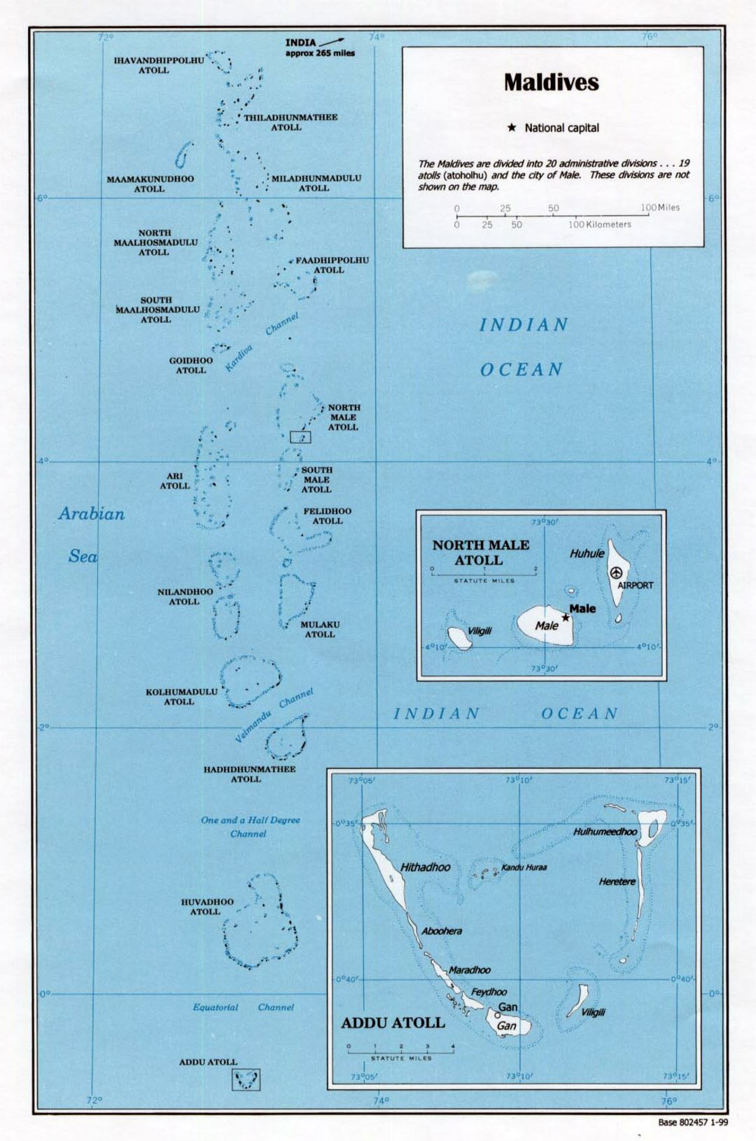 Детальная политическая карта Мальдивских островов - 1999