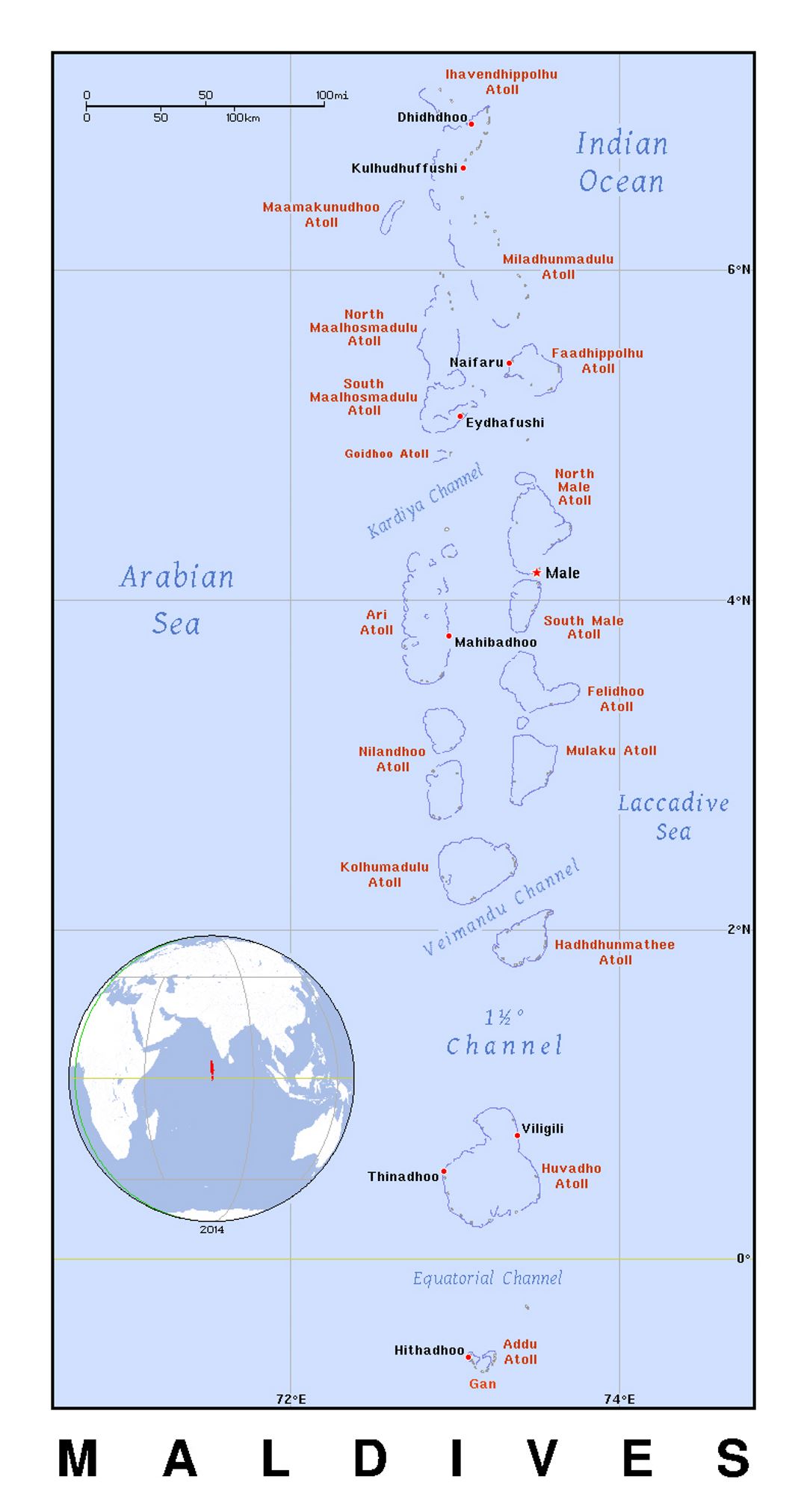 Детальная политическая карта Мальдив с городами