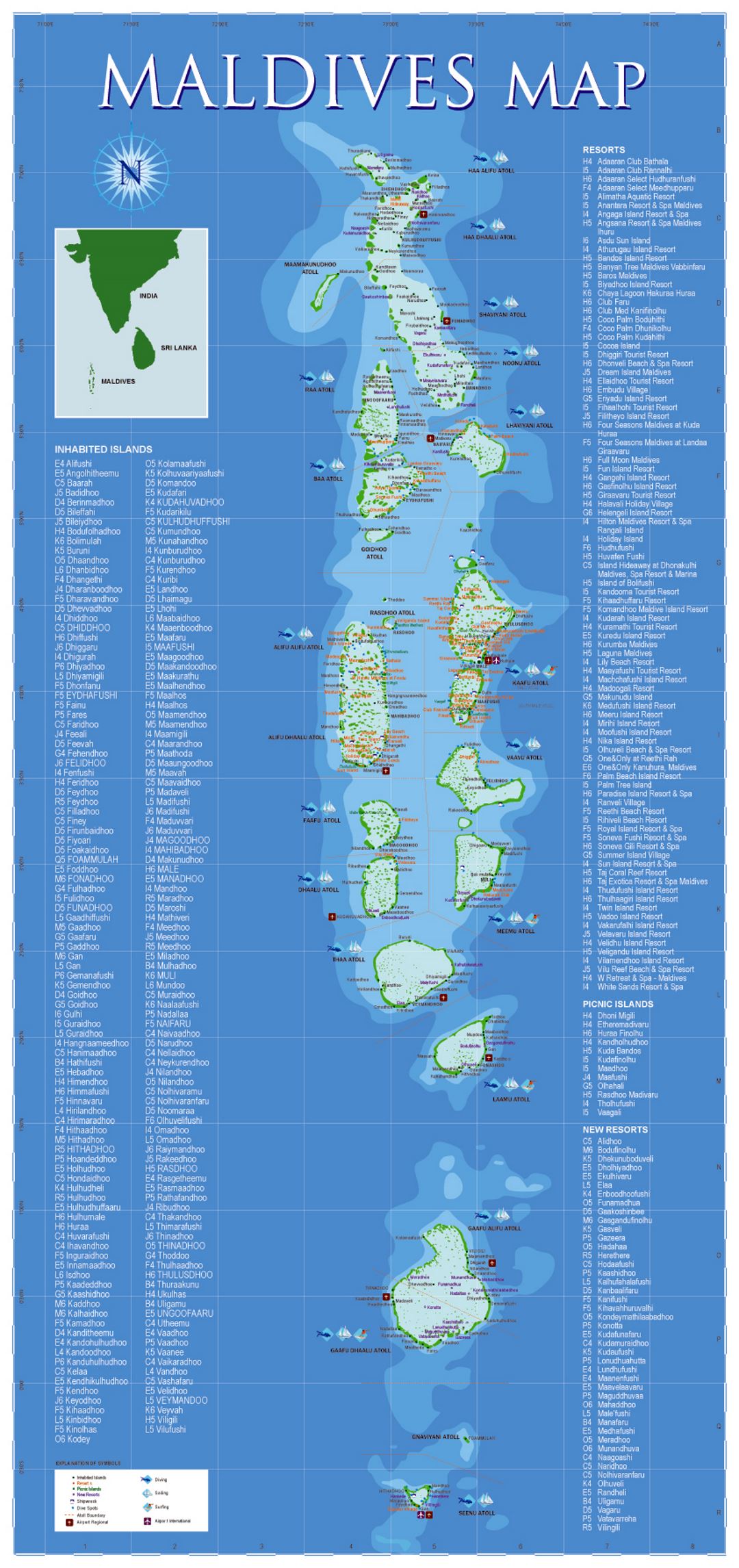 Детальная туристическая карта Мальдив