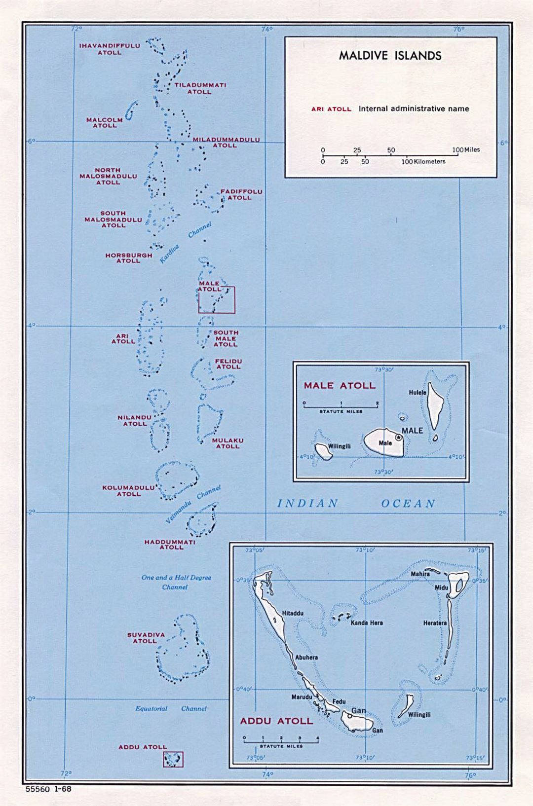 Большая административная карта Мальдив - 1968