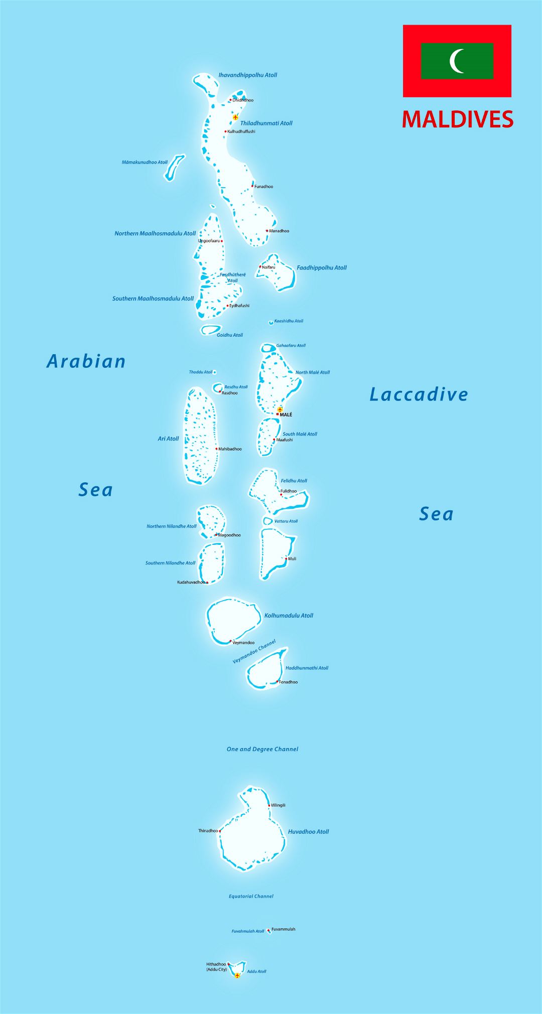 Большая детальная карта Мальдив с флагом, городами и аэропортами