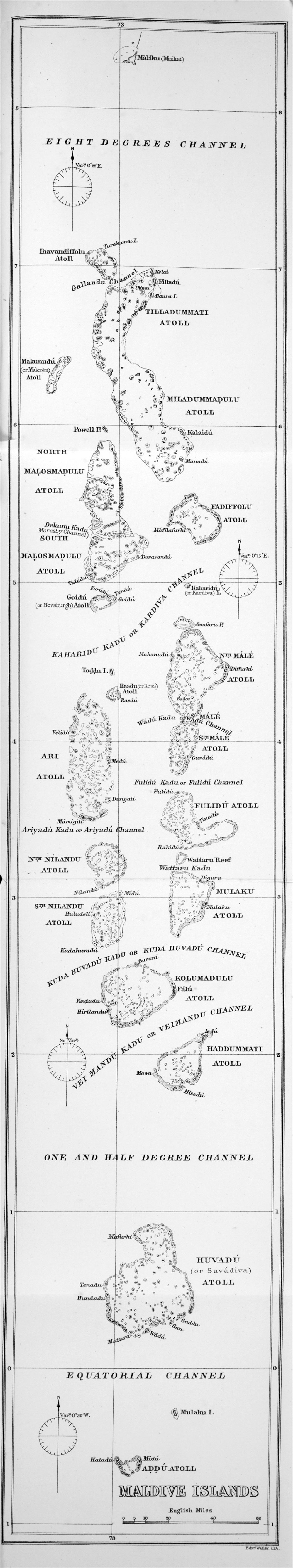 Большая детальная старая карта Мальдив
