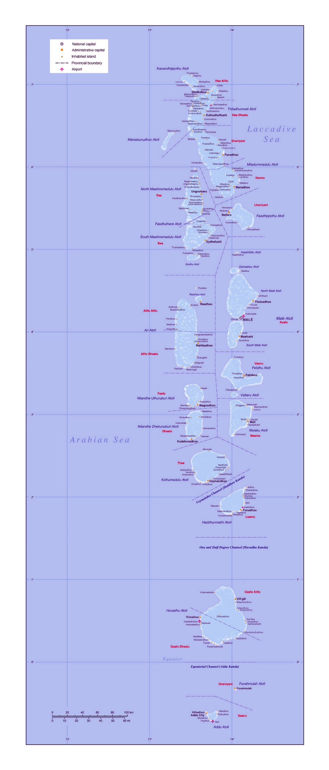 Большая детальная политическая и административная карта Мальдив с городами и аэропортами