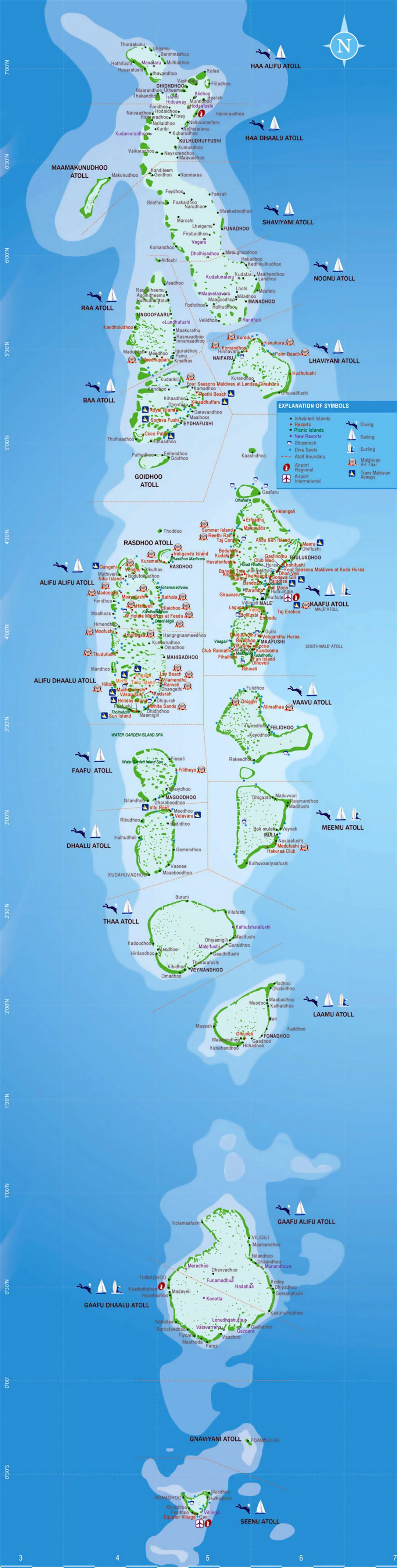 Большая карта Мальдив с атоллами, курортами и деталями мероприятий