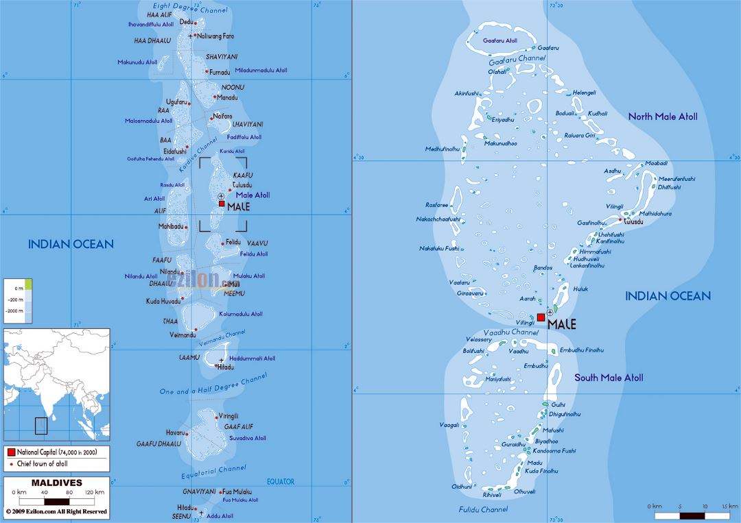 Большая физическая карта Мальдив с аэропортами
