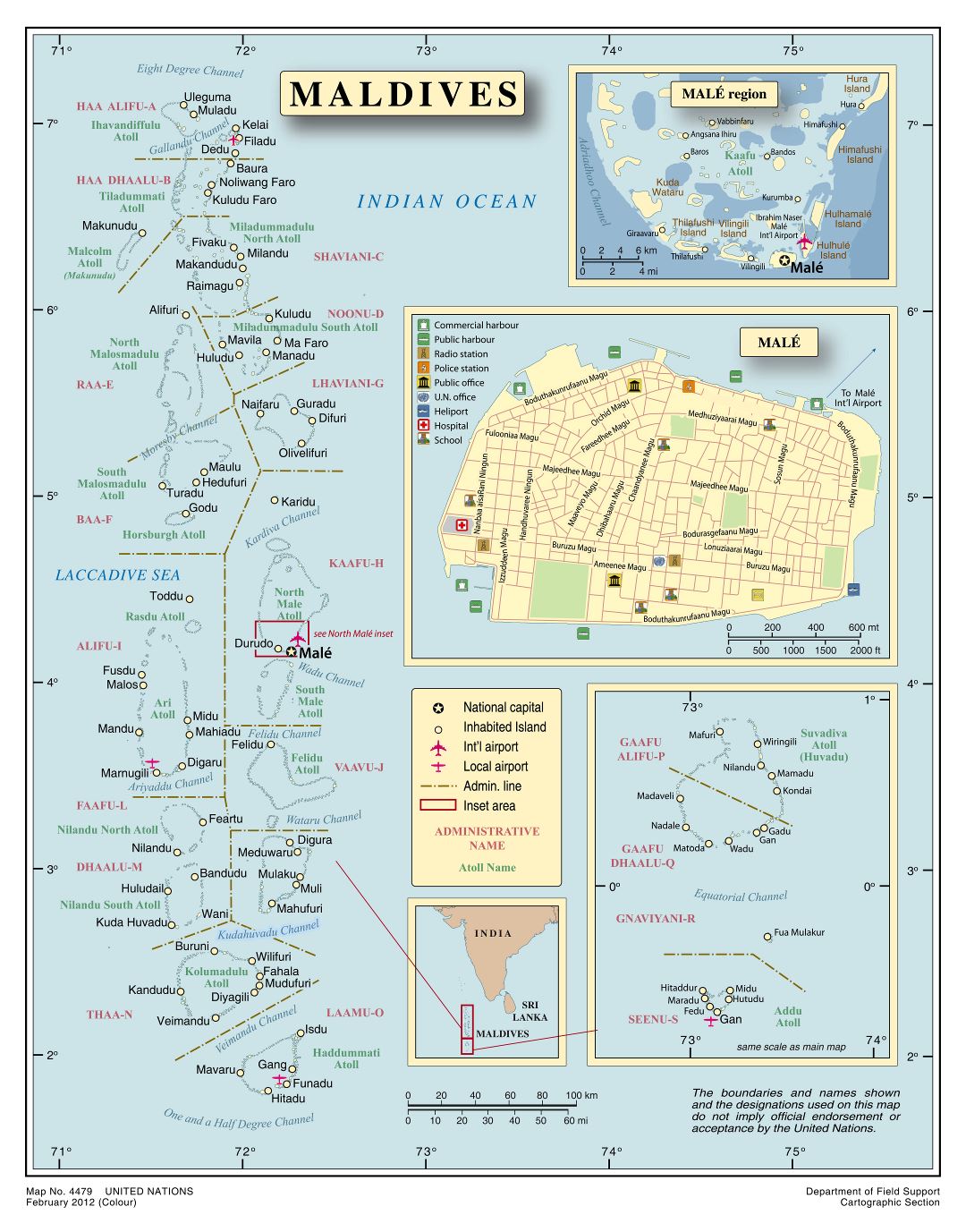 Крупномасштабная политическая и административная карта Мальдив с городами и аэропортами