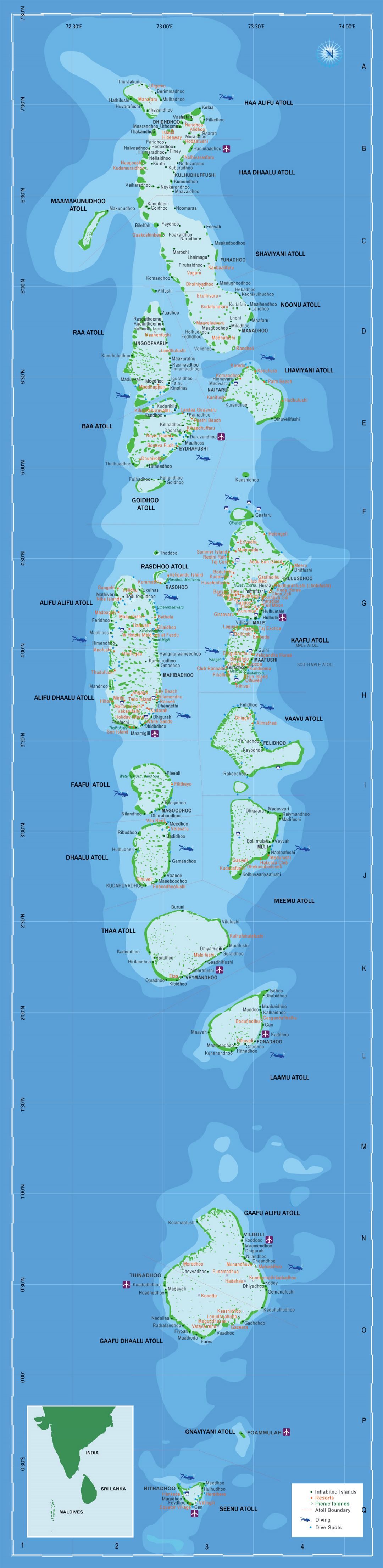 Большая туристическая карта Мальдив