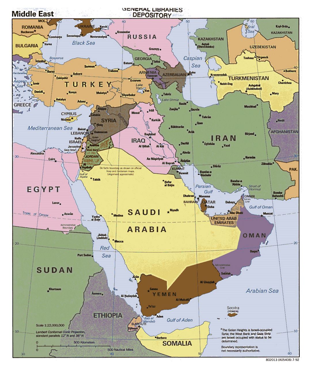 Детальная политическая карта Среднего Востока - 1992