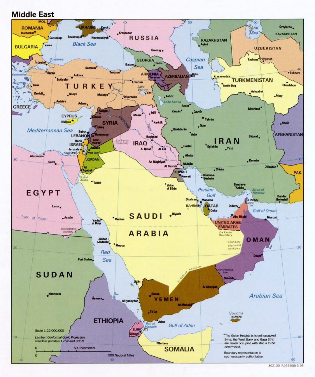 Подробная политическая карта Ближнего Востока - 1993