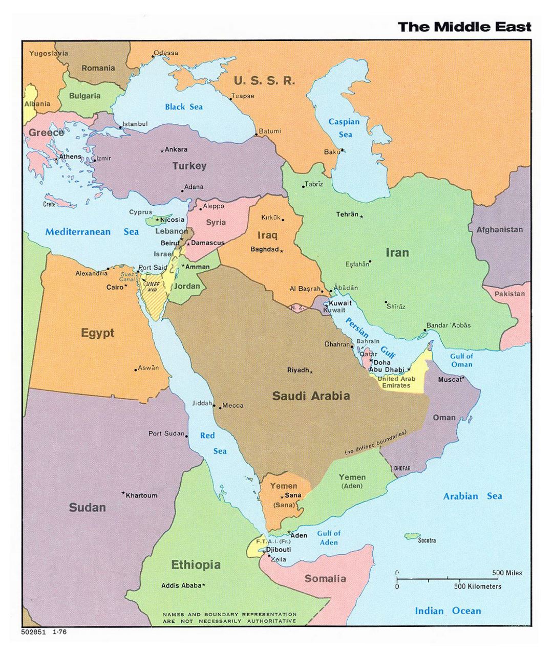 Детальная политическая карта Ближнего Востока со стоцами стран - 1976