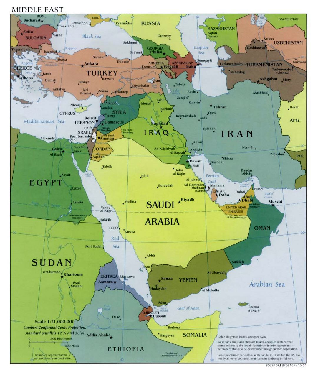 Подробная политическая карта Ближнего Востока со столицами - 2001