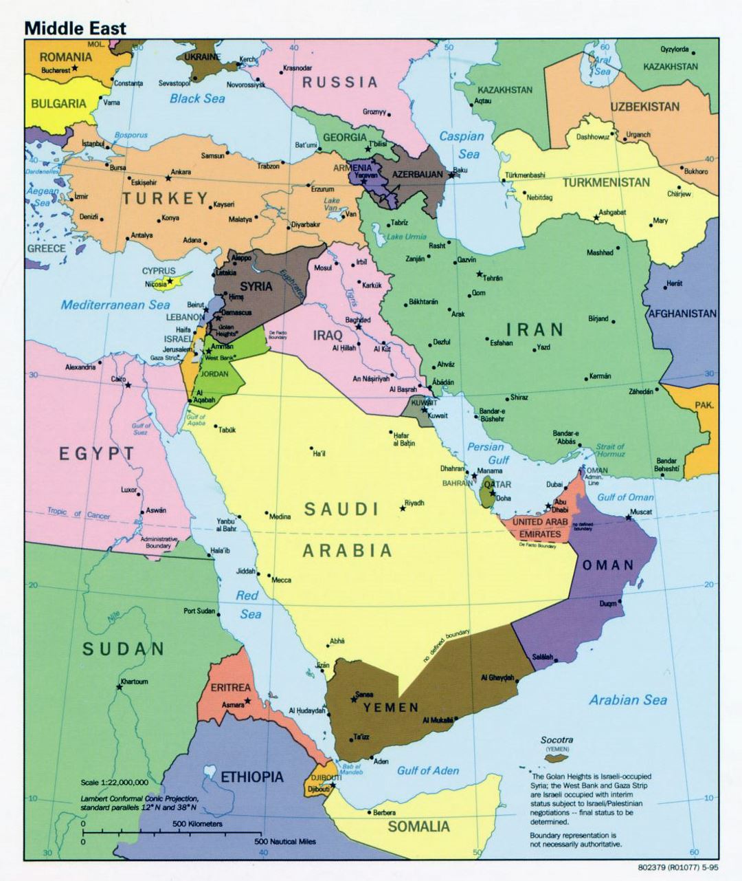 Детальная политическая карта Ближнего Востока со столицами и крупными городами - 1995