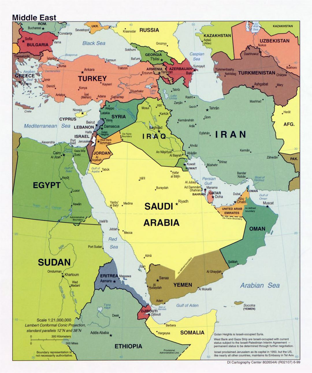 Подробная политическая карта Ближнего Востока с крупными городами и столицами - 1999