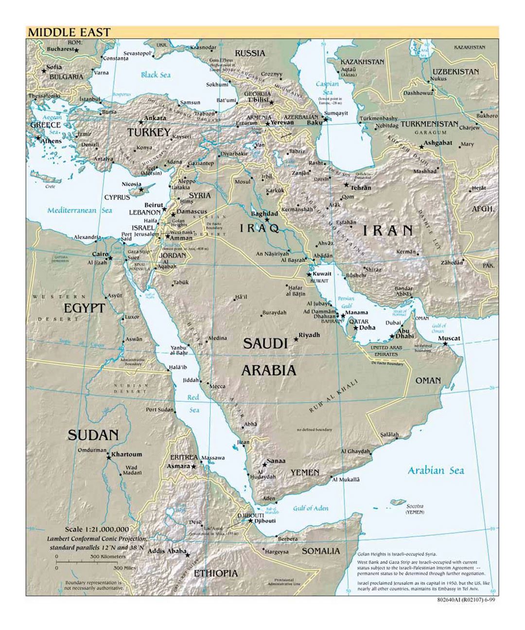 Подробная политическая карта Ближнего Востока с рельефом - 1999