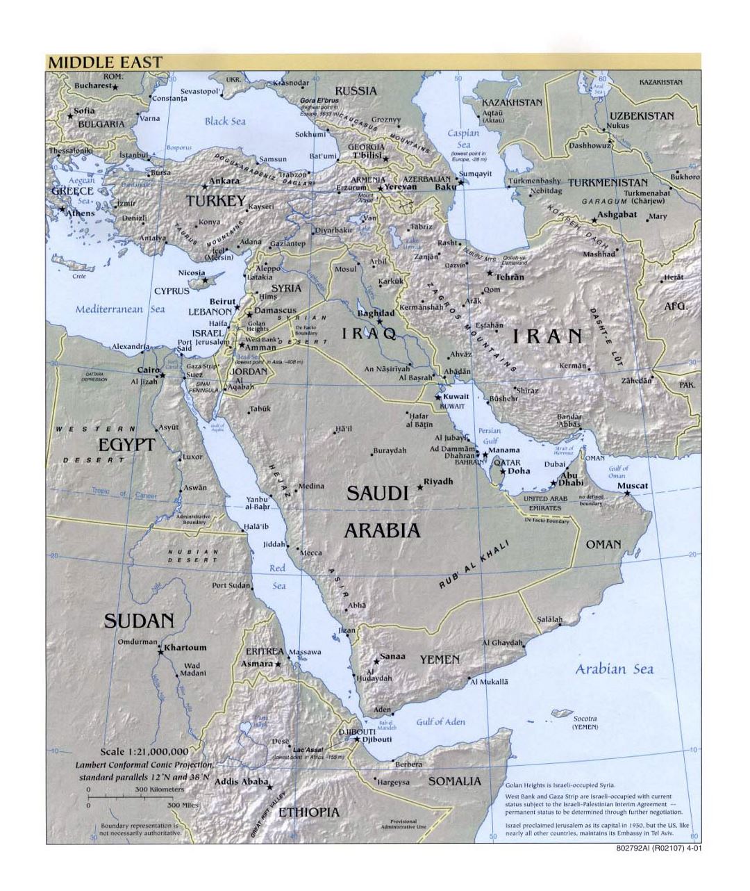Детальная политическая карта Ближнего Востока с рельефом и столицами - 2001