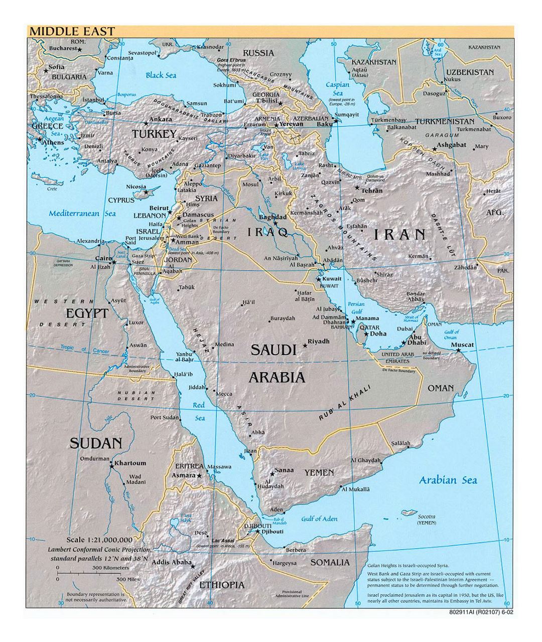 Детальная политическая карта Ближнего Востока с рельефом, крупными городами и столицами - 2002
