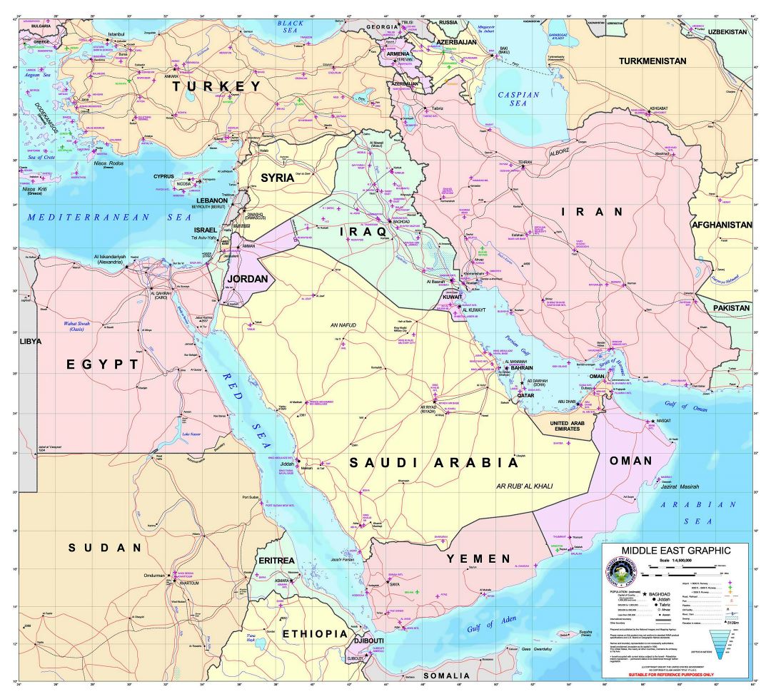 Большая подробная графическая карта Ближнего Востока с дорогами и всеми аэропортами - 2003