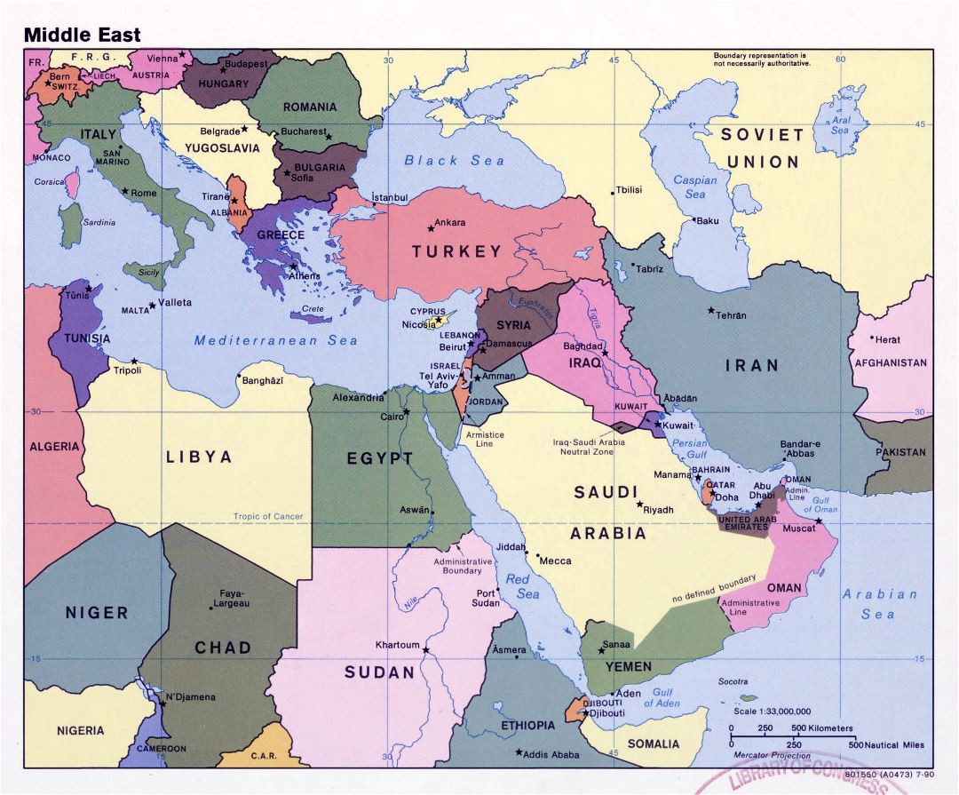 Большая детальная политическая карта Ближнего Востока со столицами и крупными городами - 1990