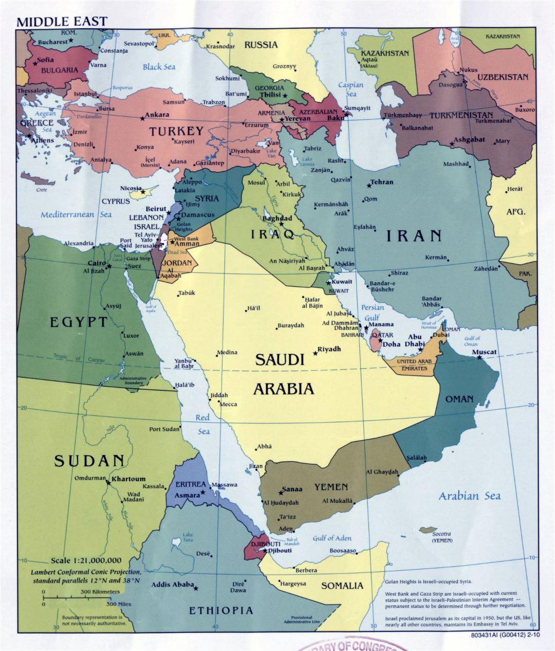Большая подробная политическая карта Ближнего Востока с крупными городами и столицами стран - 2010