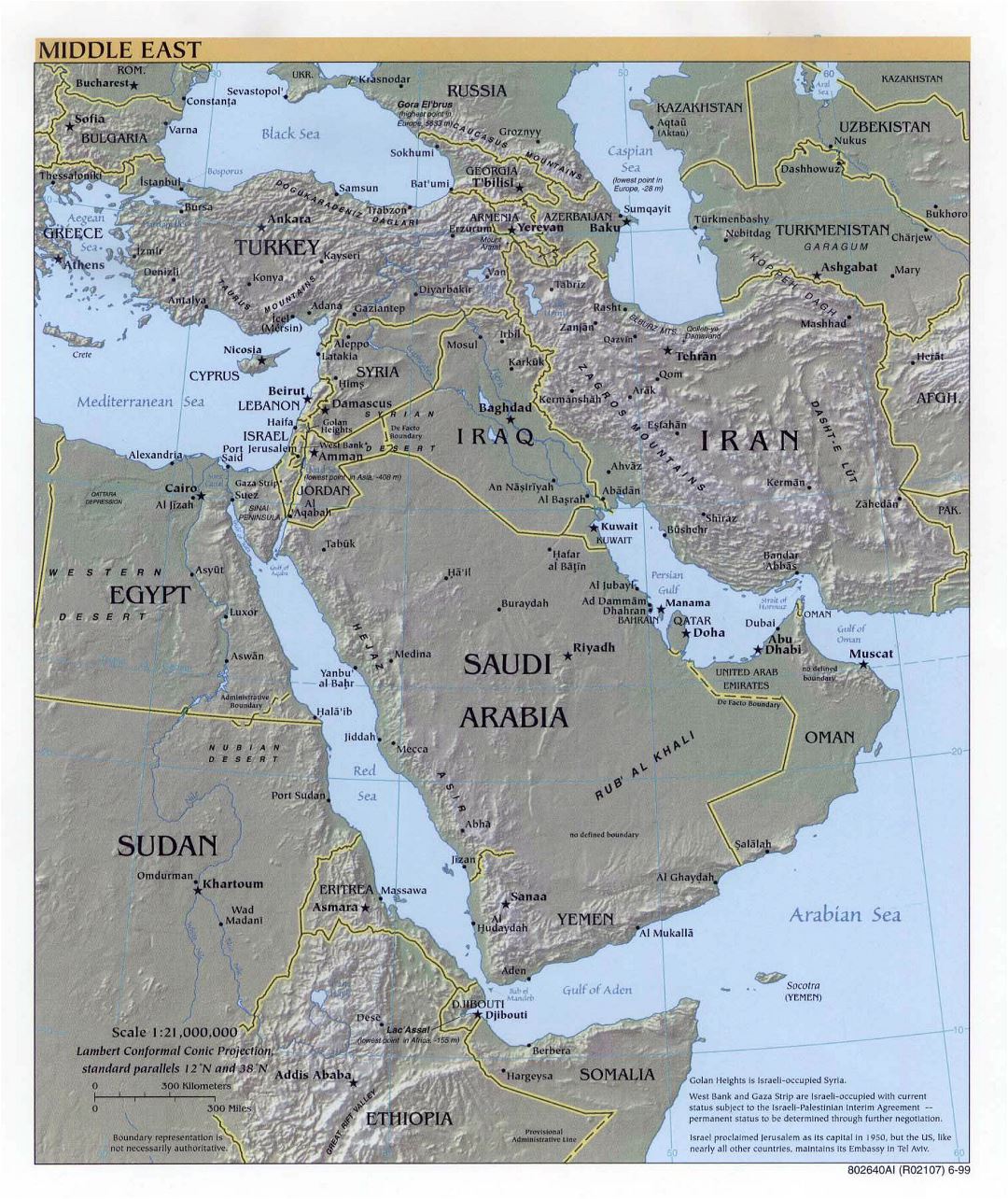 Большая детальная политическая карта Ближнего Востока с рельефом, крупными городами и столицами - 1999