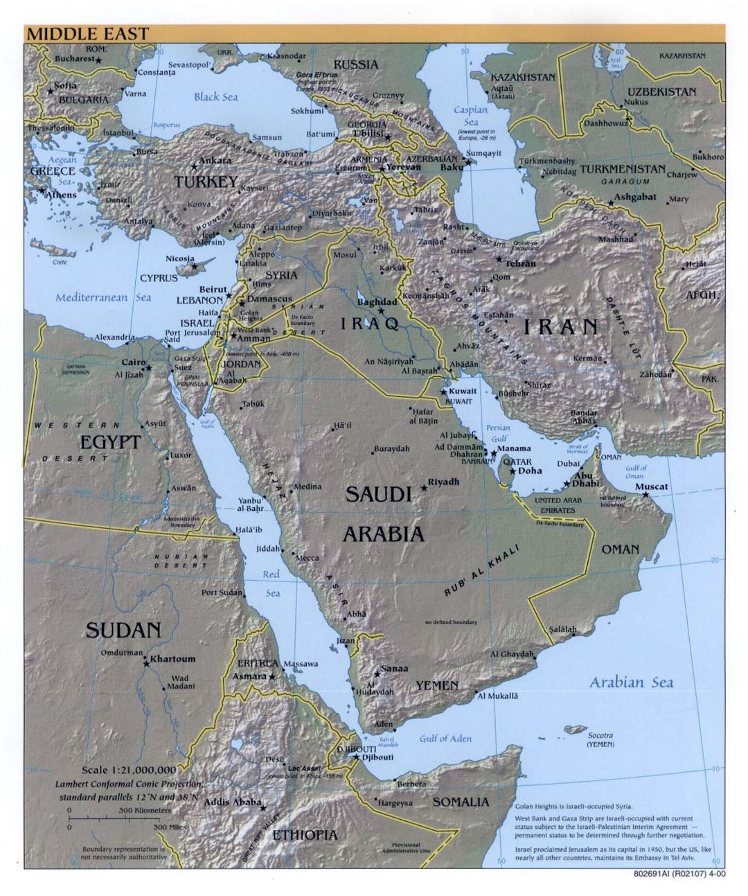 Большая подробная политическая карта Ближнего Востока с рельефом, крупными городами и столицами стран - 2000